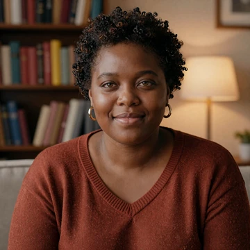 Rhea, a PTSD community member, smiling softly in a cozy home library