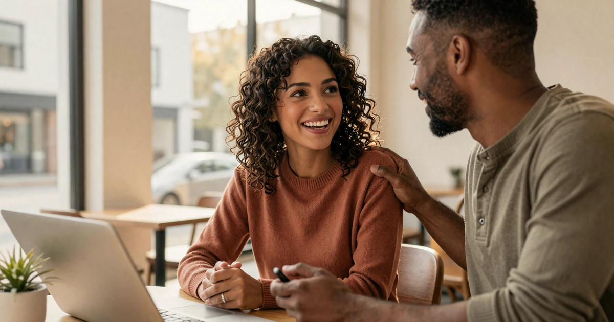 ADHD couple laughing together at a sunlit cafe table - authentic neurodivergent dating connection