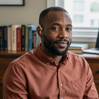 Darius, a 38-year-old accessibility consultant, smiling in a warmly lit home office