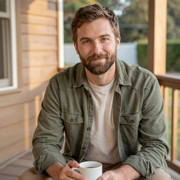 Jonah, a bipolar community member, smiling on a sunlit wooden porch