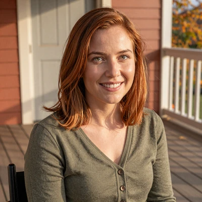 Maya, a 31-year-old teacher with cerebral palsy, smiling on a wooden porch
