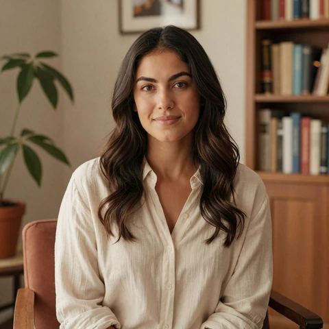 Maya, 29, autistic graphic designer in a sunlit home library